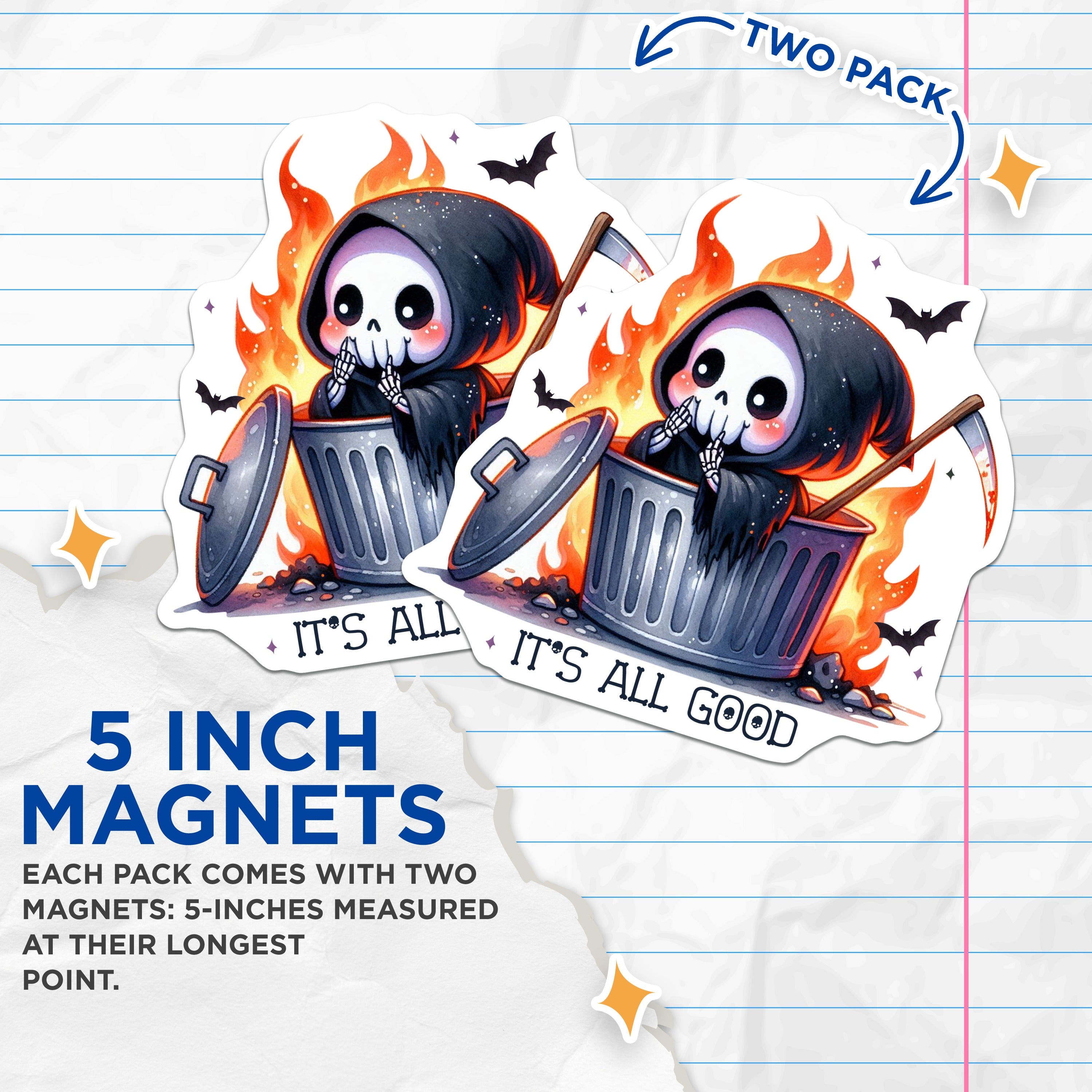 (2 Pack) Cute Grim Reaper Magnets - Dumpster Fire Humor - Spooky Refrigerator Decor - 5 Inches On Longest Side - Thick Durable Magnet - Made in USA - MAG39647