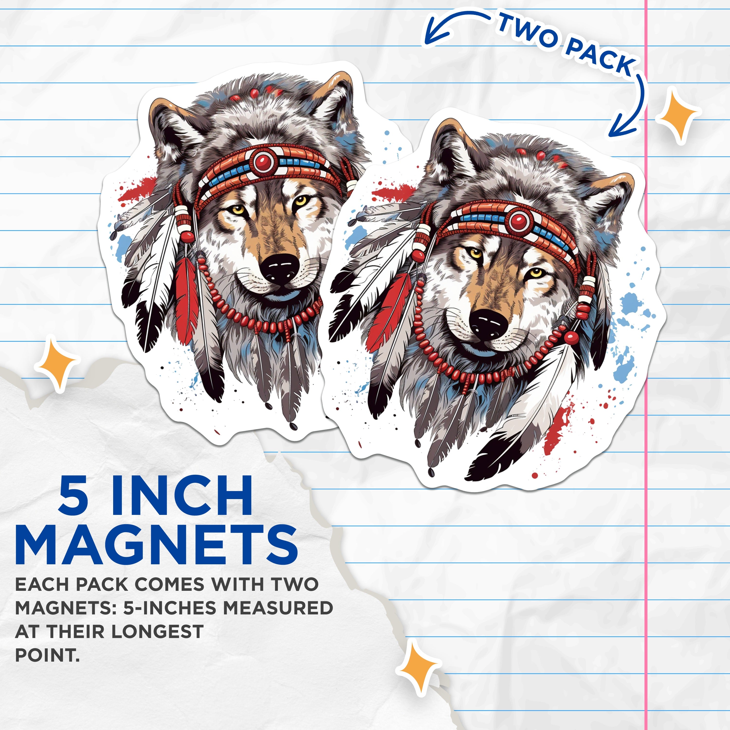 (2 Pack) Wolf Spirit Animal Magnets - Tribal Headdress Art - Boho Decor Wildlife Enthusiast - Unique Fridge Home Statement - 5 Inches On Longest Side - Thick Durable Magnet - Made in USA - MAG39576