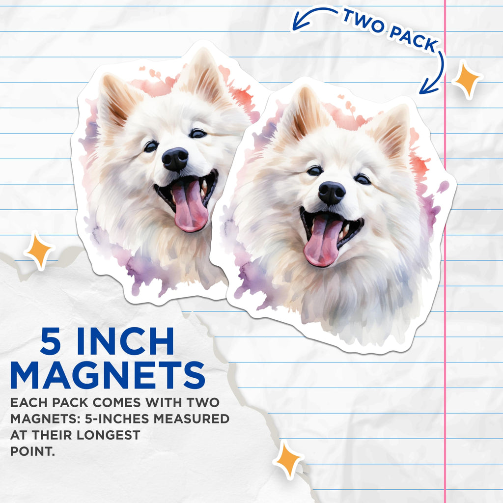 (2 Pack) Samoyed Dog Magnets - Watercolor Pet Art - Happy Smiling Fluffy Puppy Decor - White Dog Lover Items - 5 Inches On Longest Side - Thick Durable Magnet - Made in USA - MAG24829