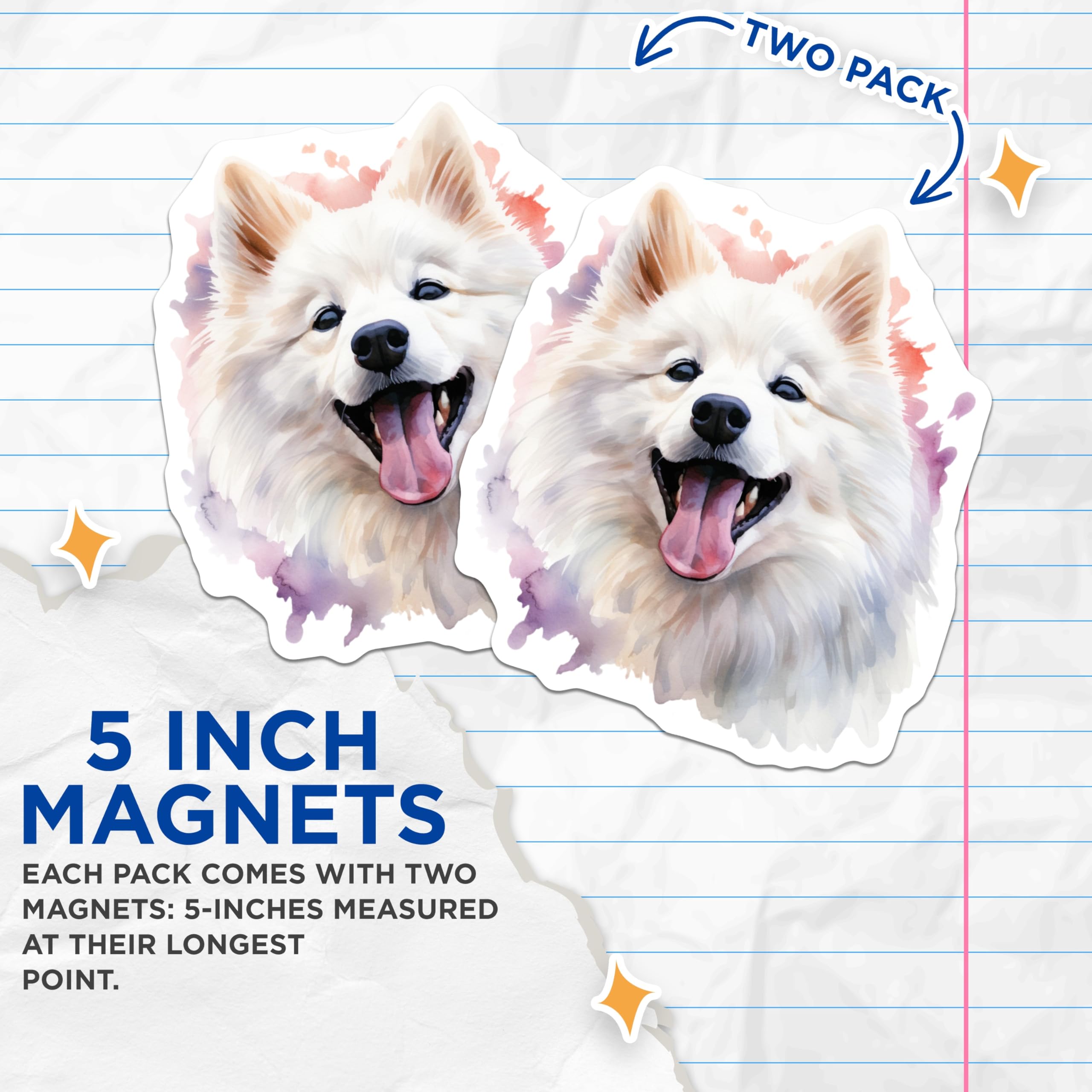 (2 Pack) Samoyed Dog Magnets - Watercolor Pet Art - Happy Smiling Fluffy Puppy Decor - White Dog Lover Items - 5 Inches On Longest Side - Thick Durable Magnet - Made in USA - MAG24829