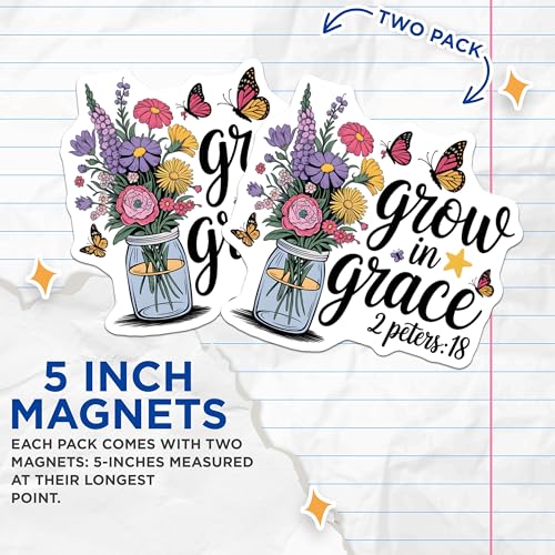 (2 Pack) Grow in Grace Magnets - Inspirational Magnets - Biblical Verse Magnets with Flowers and Butterflies - 5" On Longest Side - for Cars, Fridges, Toolboxes - Made in USA - MAG6726