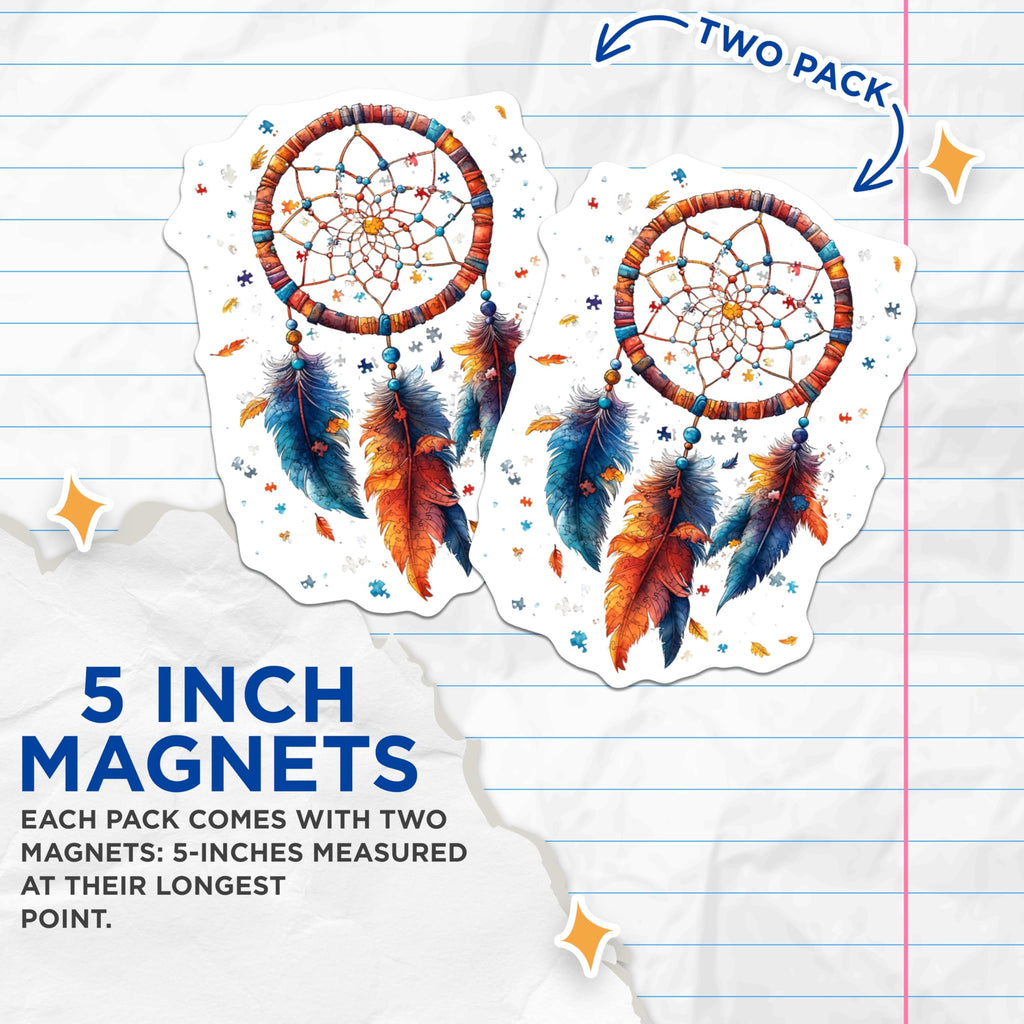 (2 Pack) Dreamcatcher Magnets - Puzzle Piece Art - Bohemian Fridge Decor - Autism Awareness - Spiritual Home Accent - 5 Inches On Longest Side - Thick Durable Magnet - Made in USA - MAG30952