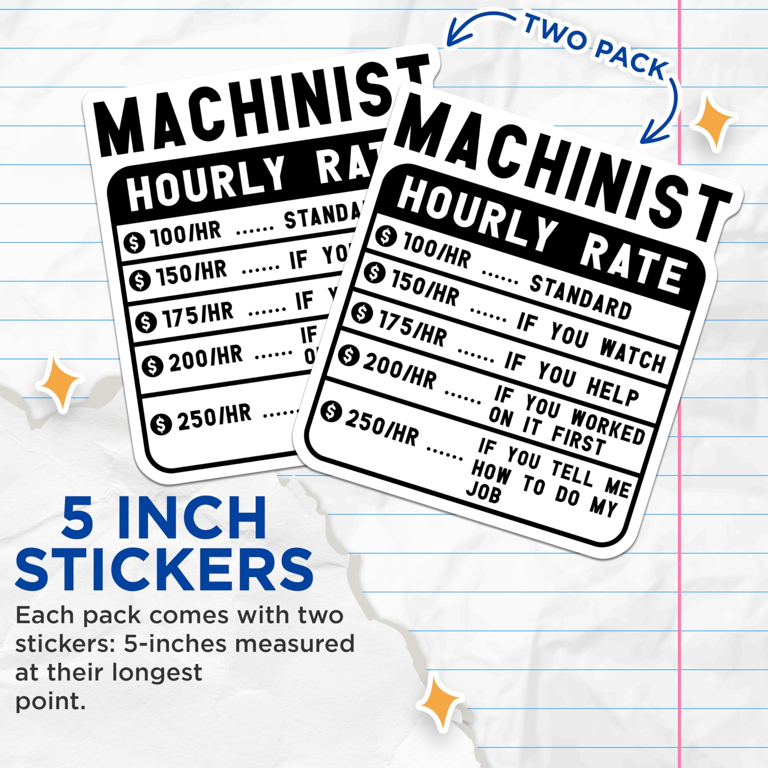 (2 Pack) Machinist Hourly Rate Stickers - Machinist Rate Decal - Funny Machinist Hourly Rate Sign Stickers - 5" On Longest Side - Sticks to Smooth Flat Surfaces - Made in USA - BMCS4993