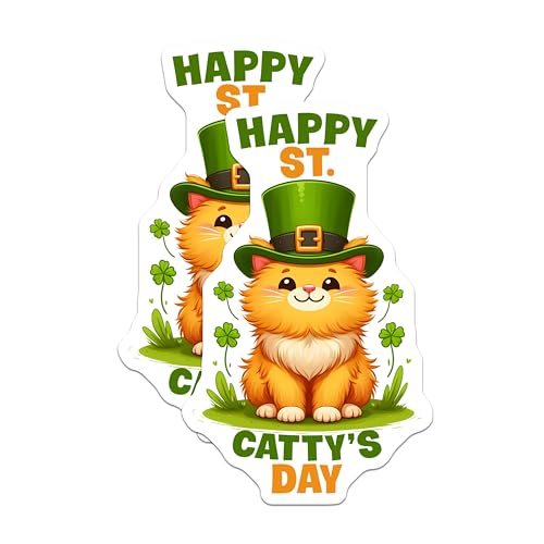 (2 Pack) Happy St. Catty's Day Stickers - Cute Cat - St. Patrick's Day - Irish Cat - 5" On Longest Side - Sticks to Smooth Flat Surfaces - Made in USA - BMCS8102