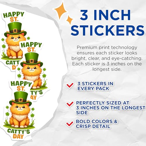 (3 Pack) St. Catty's Day Decals - Lucky Cat - Shamrock Decals - 3 Inches On Longest Side - Easy Peel & Apply - Made in USA - 3MCS6865
