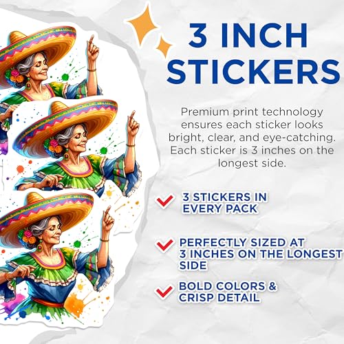 (3 Pack) Mexican Fiesta Decals - Dancing Woman - Sombrero Decals - 3 Inches On Longest Side - Easy Peel & Apply - Made in USA - 3MCS7401