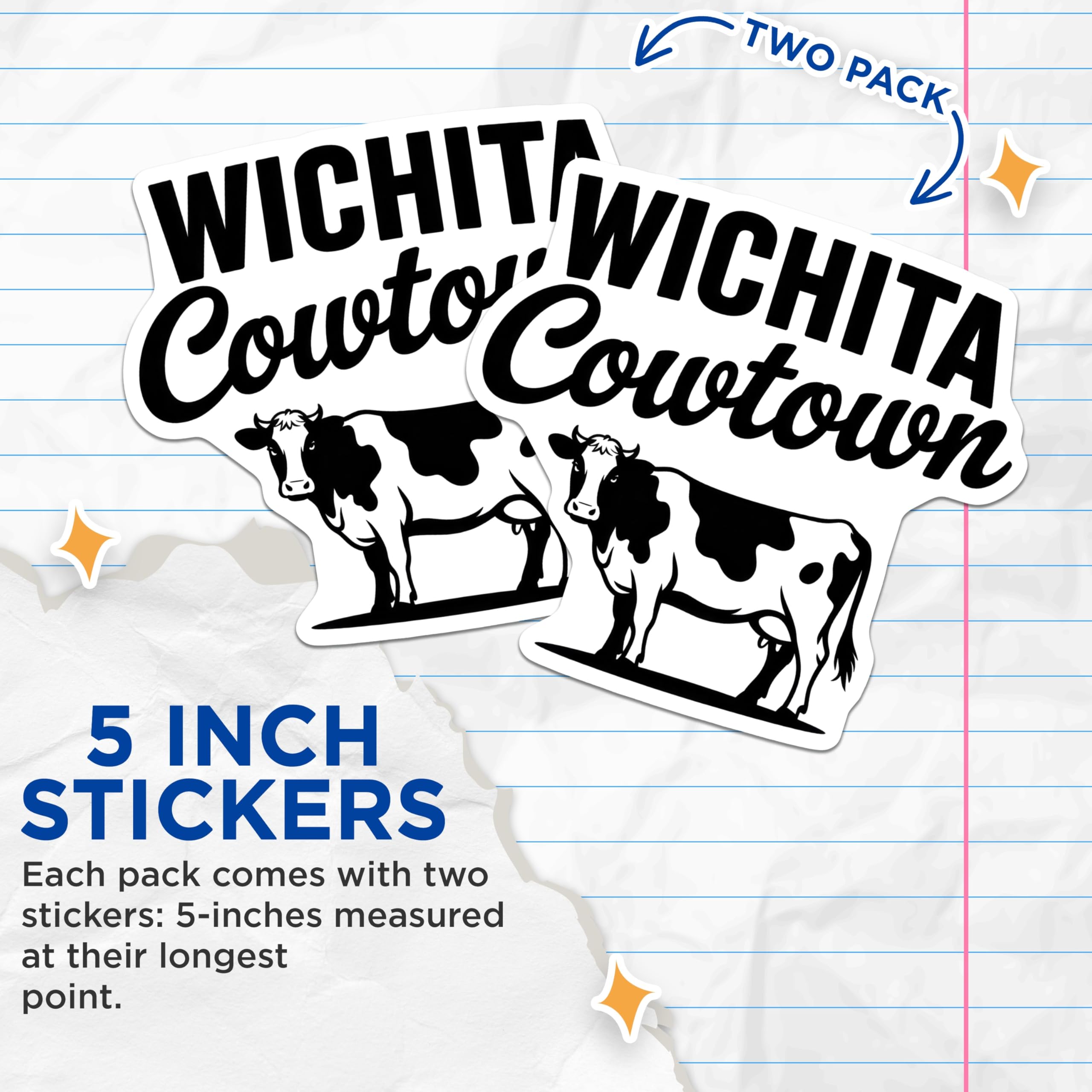 (2 Pack) Wichita Cowtown Stickers - Kansas Stickers - Cow Stickers - 5" On Longest Side - Sticks to Smooth Flat Surfaces - Made in USA - BMCS18657