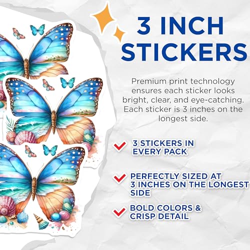(3 Pack) Butterfly Beach Decals - Watercolor Stickers - Seashell Ocean Decals- 3 Inches On Longest Side - Easy Peel & Apply - Made in USA - 3MCS5222