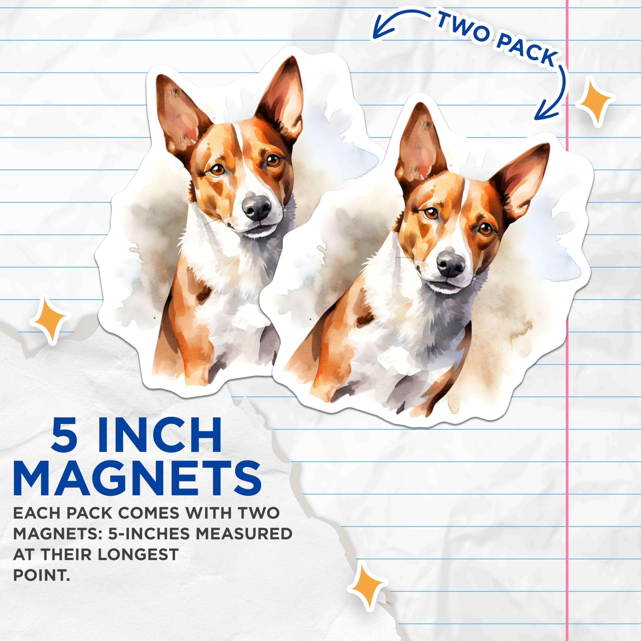 (2 Pack) Watercolor Dog Magnets - Basenji Art Magnet - Pet Lover Fridge Decor - 5 Inches On Longest Side - Thick Durable Magnet - Made in USA - MAG27491