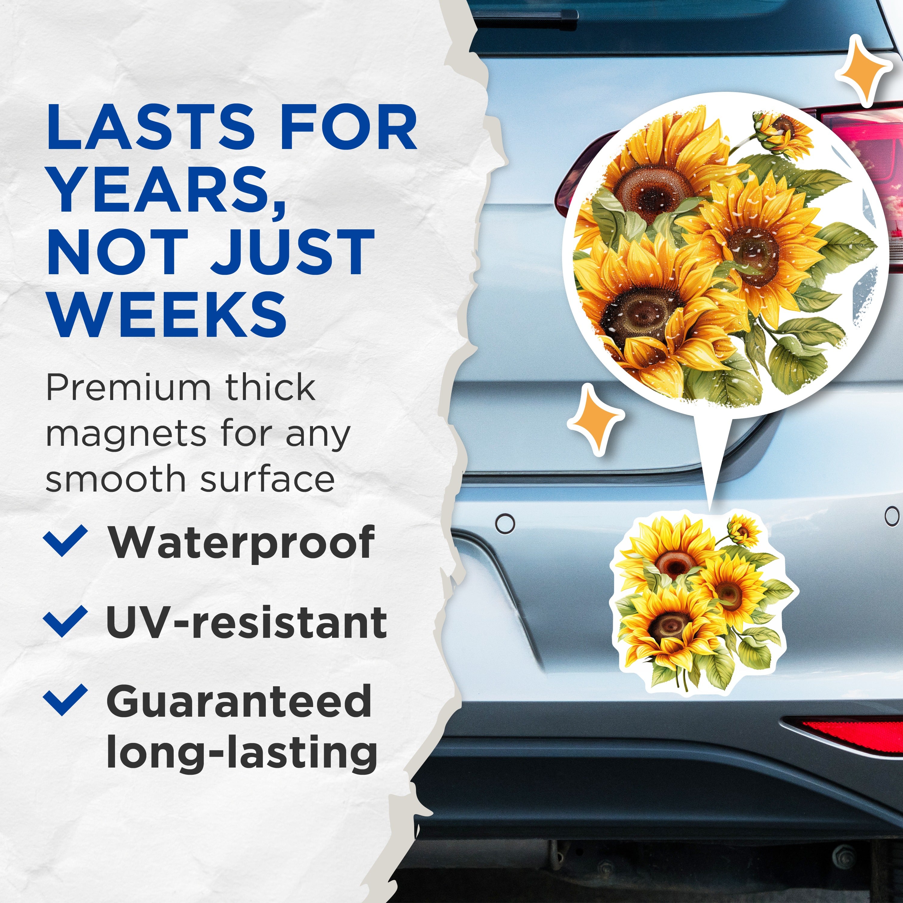 (2 Pack) Sunflower Magnets - Floral Kitchen Accent - Bright Botanical Refrigerator Art - 5 Inches On Longest Side - Thick Durable Magnet - Made in USA - MAG36343