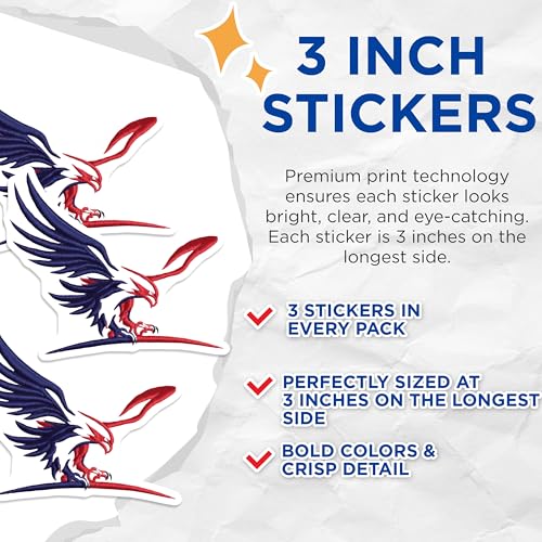 (3 Pack) Eagle Decals - Patriotic Laptop Stickers - Red and Blue American Eagle- 3 Inches On Longest Side - Easy Peel & Apply - Made in USA - 3MCS5205