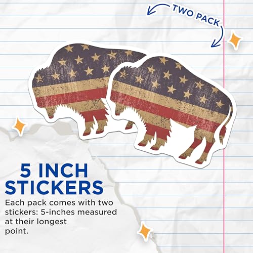 (2 Pack) American Flag Bison Stickers - Patriotic Wildlife Decal - Rustic Animal Art Sticker - 5" On Longest Side - Sticks to Smooth Flat Surfaces - Made in USA - BMCS9567