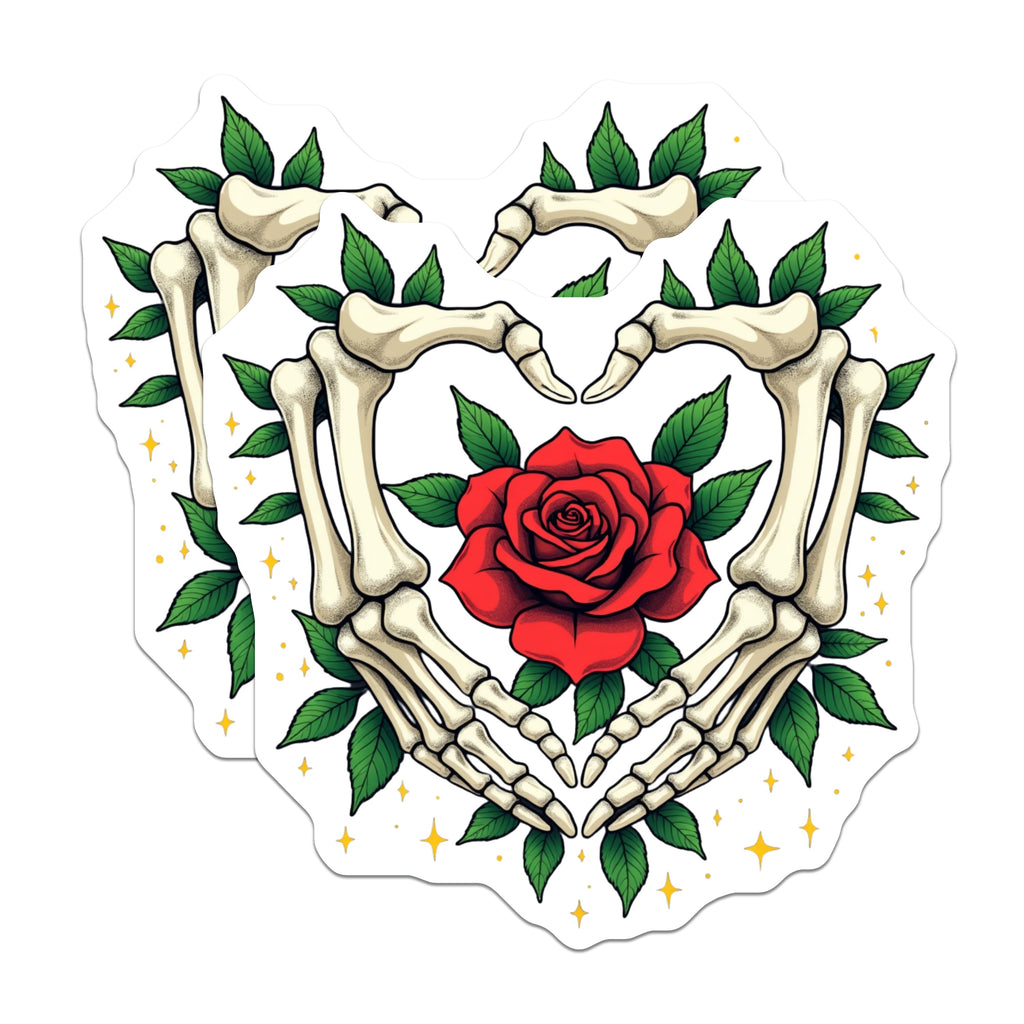 (2 Pack) Skeleton Hands Heart Magnets - Traditional Tattoo Rose - Gothic Love Kitchen Decor - 5 Inches On Longest Side - Thick Durable Magnet - Made in USA - MAG36147