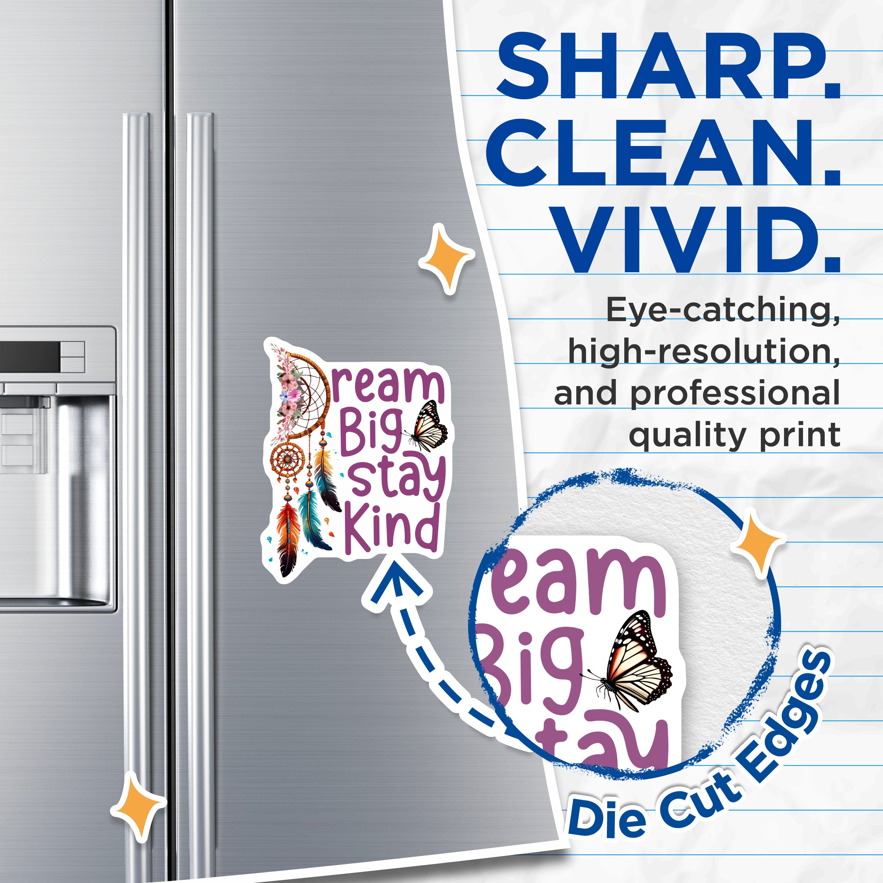 (2 Pack) Dream Big Stay Kind Magnets - Boho Dreamcatcher Decor - Inspirational Quote Butterfly Refrigerator Locker - 5 Inches On Longest Side - Thick Durable Magnet - Made in USA - MAG37524