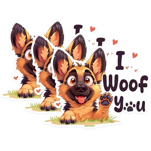 (3 Pack) German Shepherd Decals - I Woof You - Dog Breed Decals - 3 Inches On Longest Side - Easy Peel & Apply - Made in USA - 3MCS1240