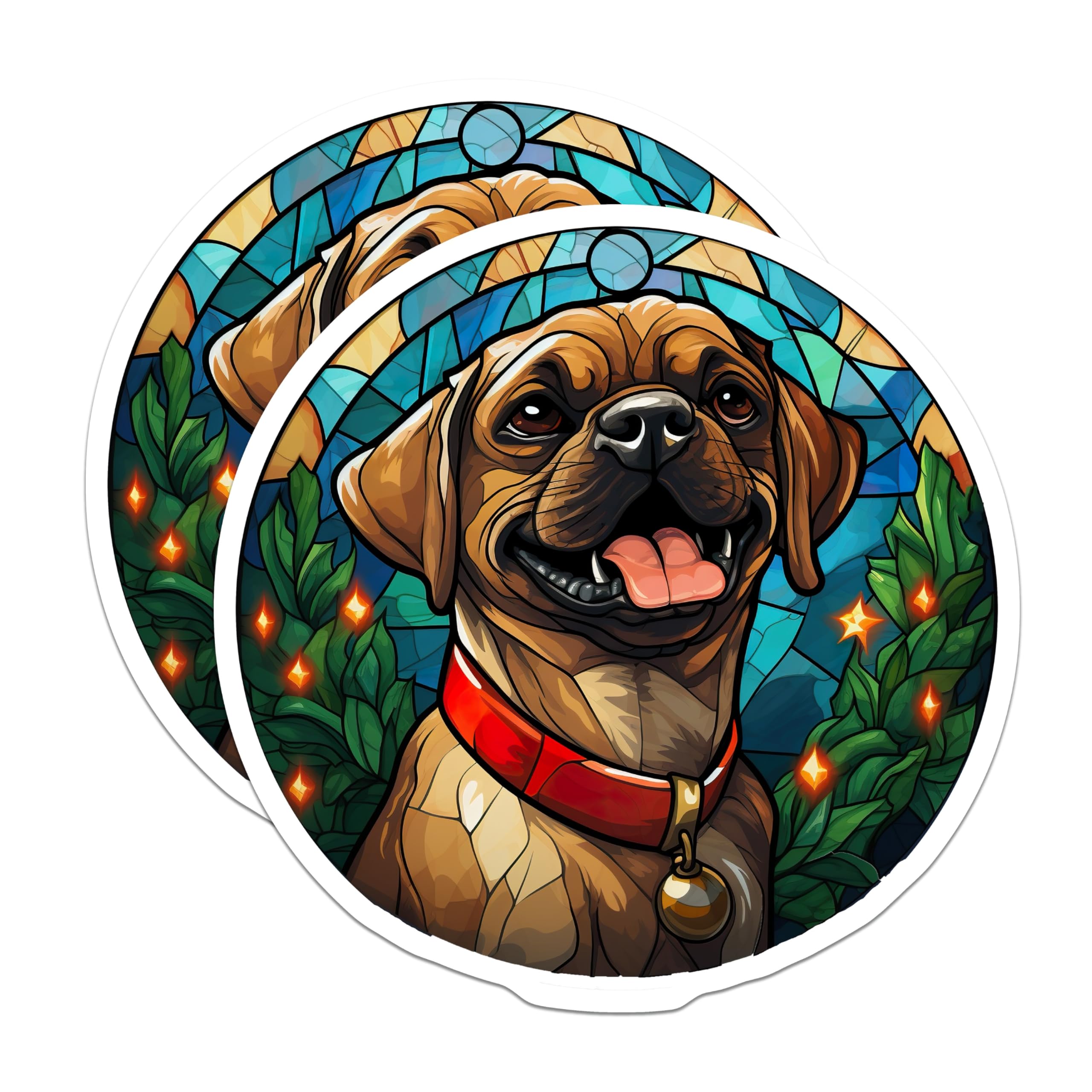 (2 Pack) Stained Glass Puppy Magnets - Happy Christmas Dog Art - Festive Holiday Pet Fridge Locker Display Accent for Home - 5 Inches On Longest Side - Thick Durable Magnet - Made in USA - MAG24750