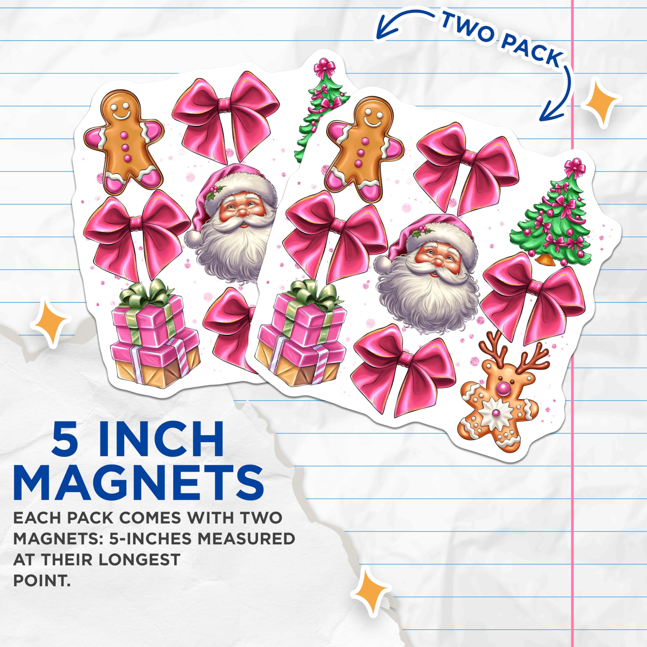 (2 Pack) Pink Christmas Magnets - Kawaii Holiday Decor - Santa Gingerbread Reindeer Tree Bow Festive Art - 5 Inches On Longest Side - Thick Durable Magnet - Made in USA - MAG26776
