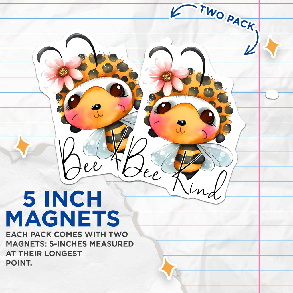 (2 Pack) Bee Kind Magnets - Cute Animal Decor - Floral Bumble Bee Illustration - 5" On Longest Side - Premium Magnet - for Cars, Refrigerators, Toolboxes, Lockers - Made in USA - MAG16836