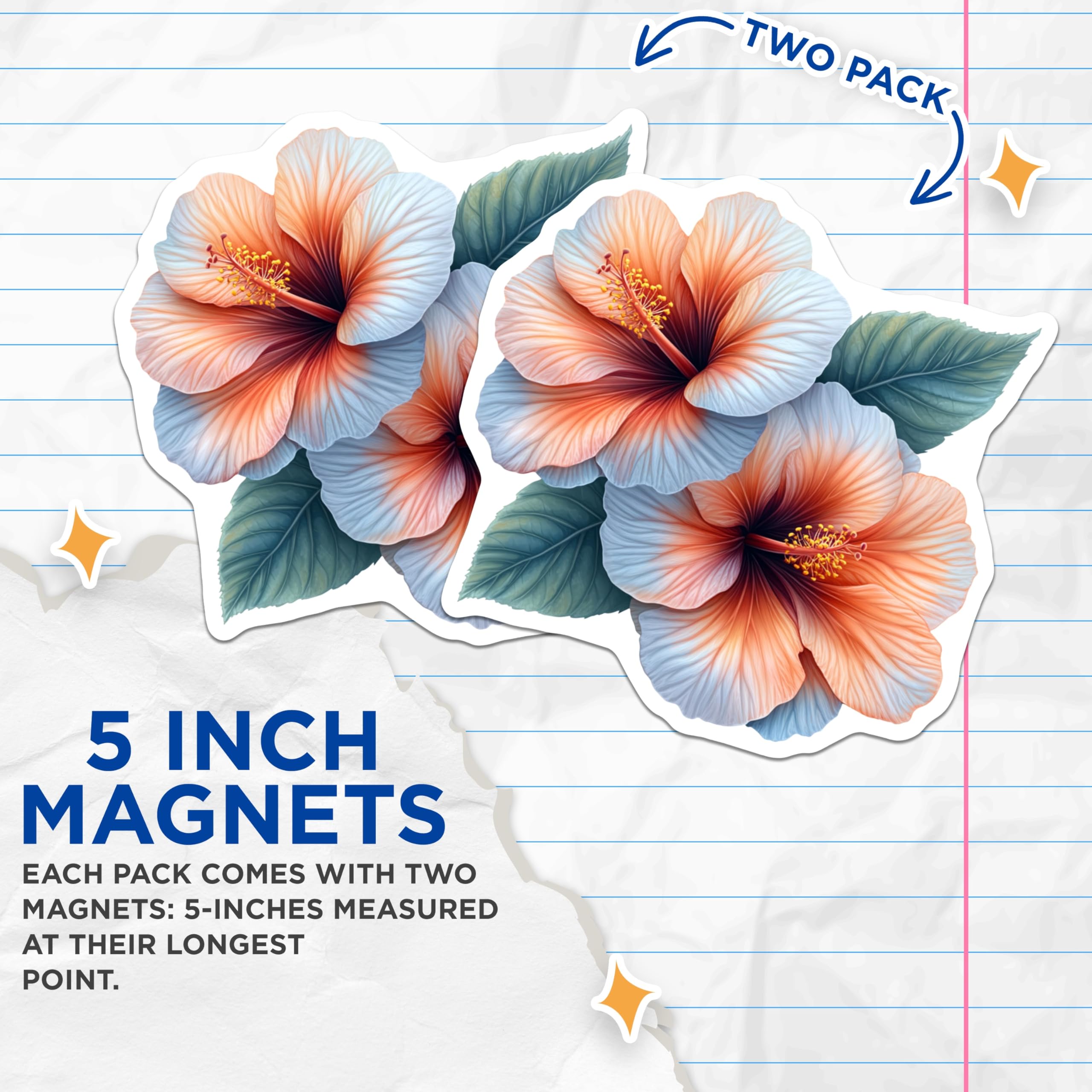 (2 Pack) Hibiscus Flower Magnets - Botanical Refrigerator Decor - Tropical Kitchen Organization - 5 Inches On Longest Side - Thick Durable Magnet - Made in USA - MAG28103