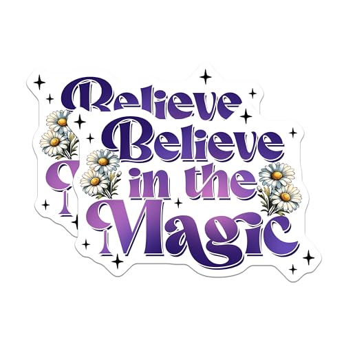 (2 Pack) Believe in The Magic Stickers - Inspirational Quote - Flower Illustration - 5" On Longest Side - Sticks to Smooth Flat Surfaces - Made in USA - BMCS8053