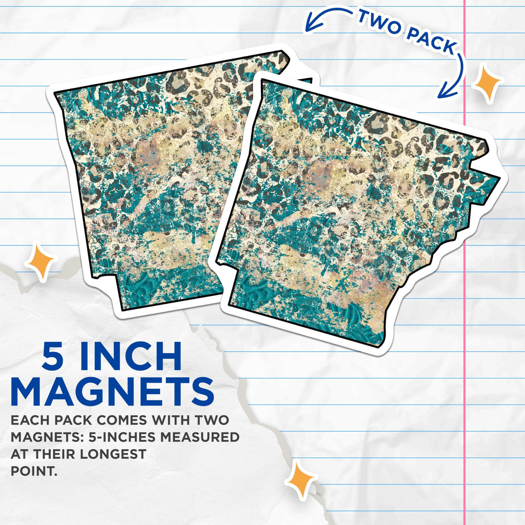 (2 Pack) Arkansas State Magnets - Leopard Print Teal Grunge Map Art - Southern Home Decor Souvenir for Residents - 5 Inches On Longest Side - Thick Durable Magnet - Made in USA - MAG19029