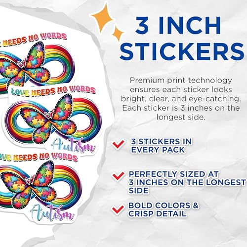 (3 Pack) Autism Awareness Decals - Butterfly Puzzle - Love Needs No Words Decals - 3 Inches On Longest Side - Easy Peel & Apply - Made in USA - 3MCS1988