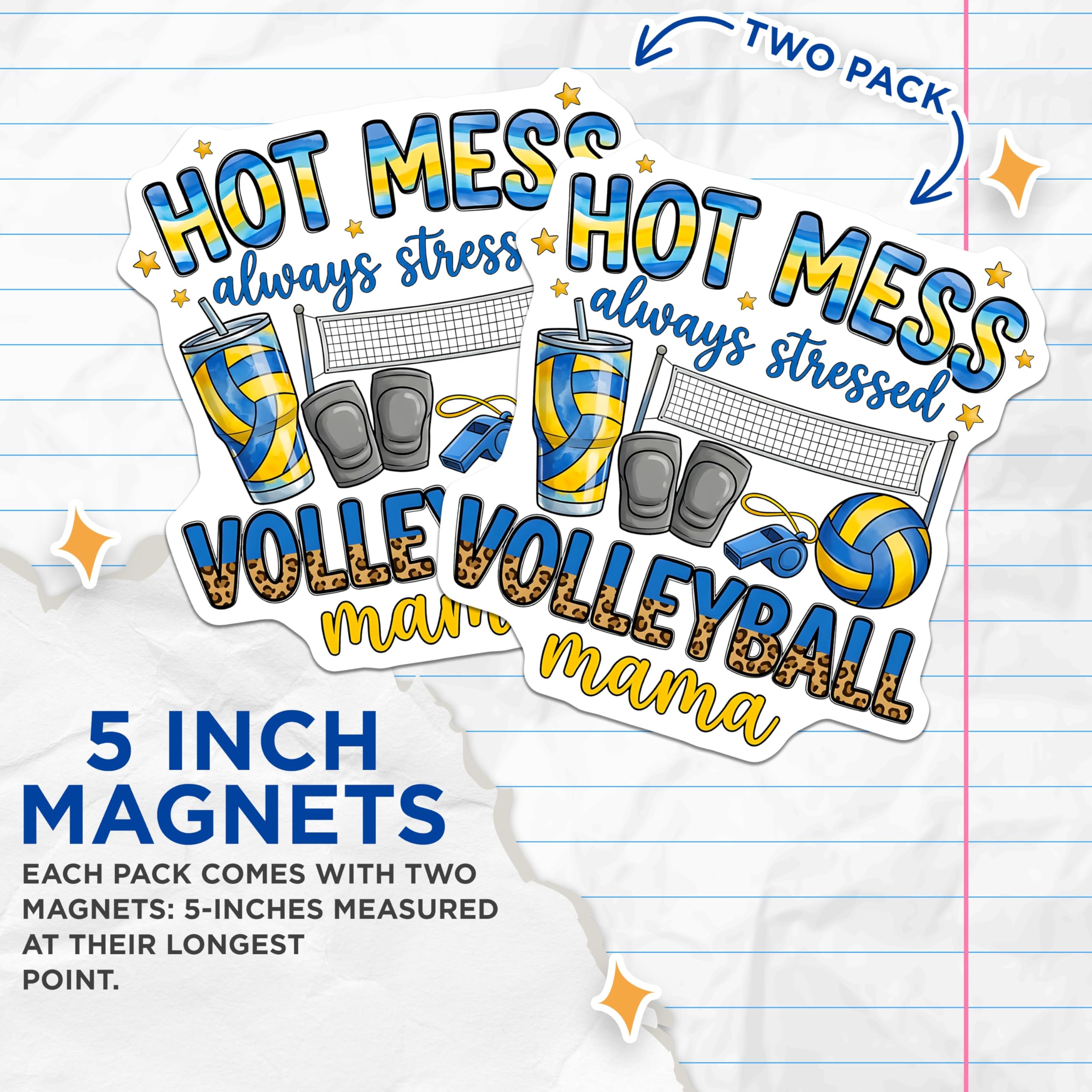 (2 Pack) Hot Mess Volleyball Mama Magnets - Always Stressed Volleyball Mom - Sports Parent Fridge Decal - 5 Inches On Longest Side - Thick Durable Magnet - Made in USA - MAG27248