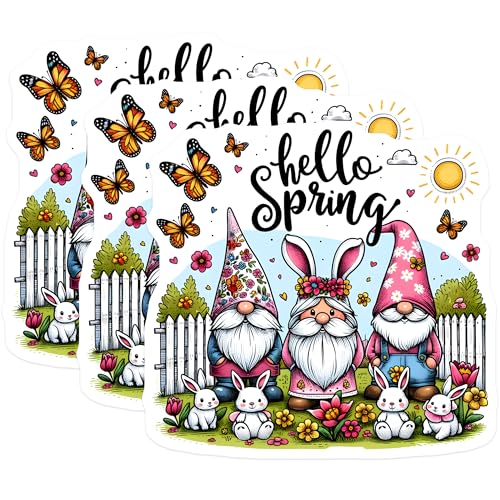 (3 Pack) Spring Gnomes Decals - Bunny Rabbit - Seasonal Stickers - 3 Inches On Longest Side - Easy Peel & Apply - Made in USA - 3MCS6762