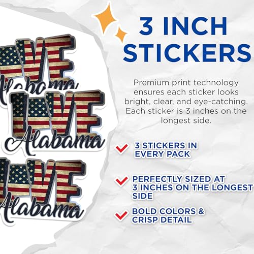 (3 Pack) Alabama Decals - Love Alabama - State Pride Decal - 3 Inches On Longest Side - Easy Peel & Apply - Made in USA - 3MCS0292