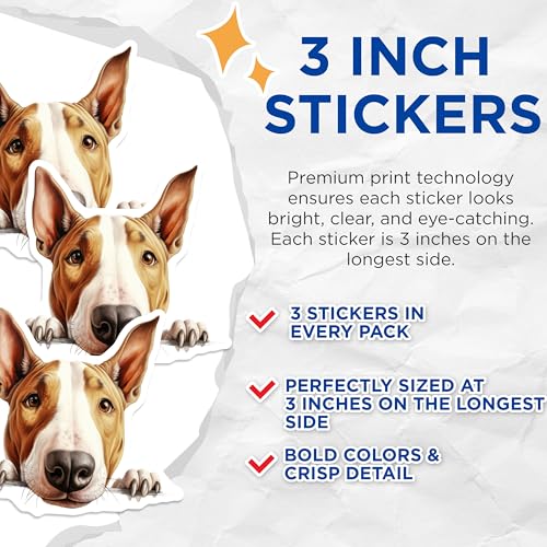 (3 Pack) Bull Terrier Decals - Dog Breed Stickers - Cute Puppy Laptop Decals - 3 Inches On Longest Side - Easy Peel & Apply - Made in USA - 3MCS8655