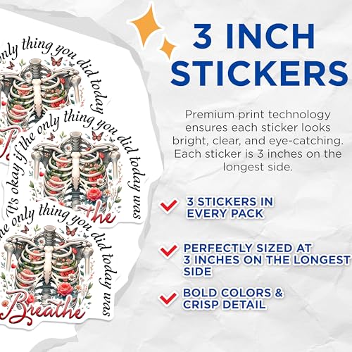(3 Pack) Floral Skeleton Decals - Breathe Sticker - Laptop Decals - 3 Inches On Longest Side - Easy Peel & Apply - Made in USA - 3MCS6149