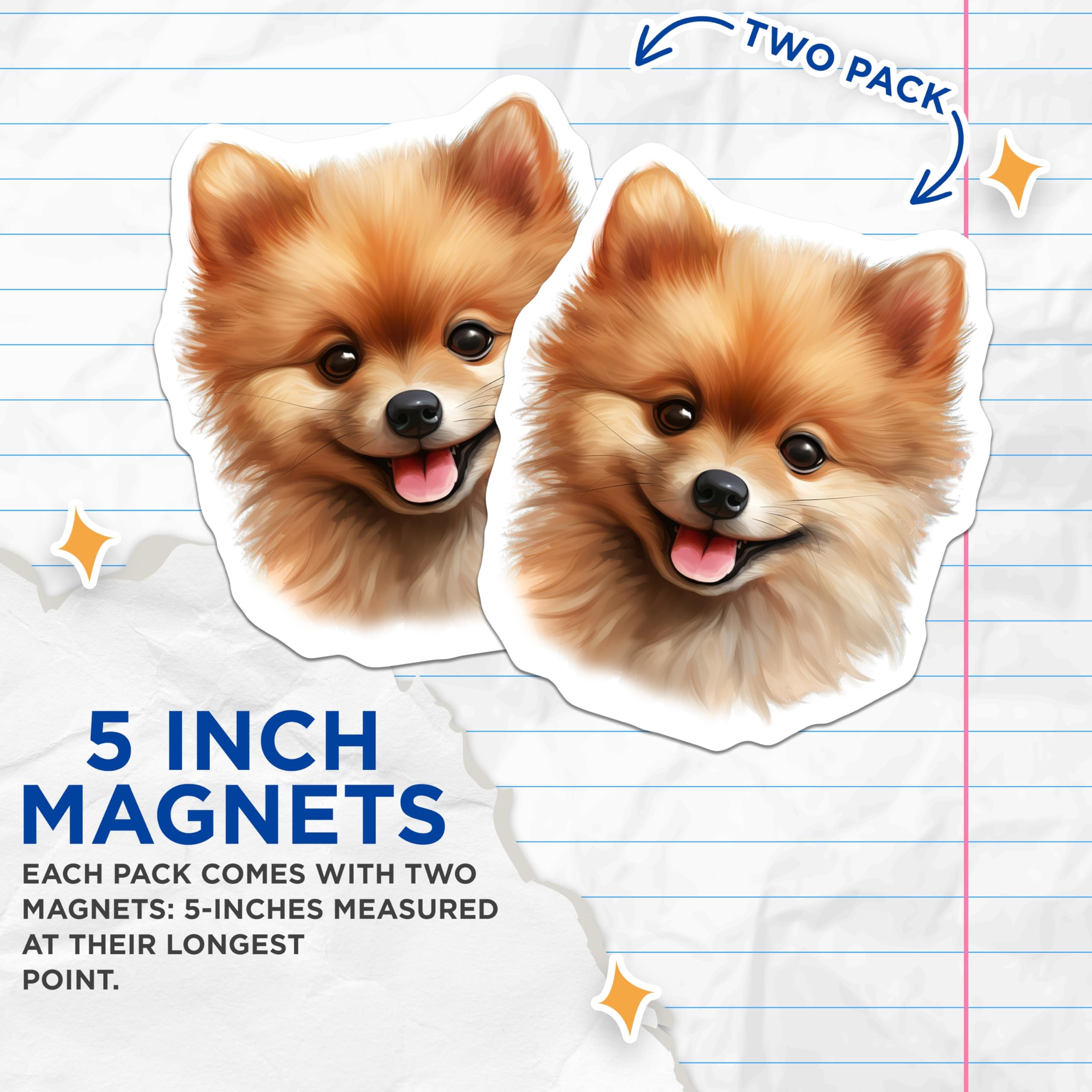 (2 Pack) Pomeranian Magnets - Cute Dog Lover Fridge Decor - Pet Parent Kitchen Accessory - Happy Smiling Canine Refrigerator - 5 Inches On Longest Side - Thick Durable Magnet - Made in USA - MAG26539