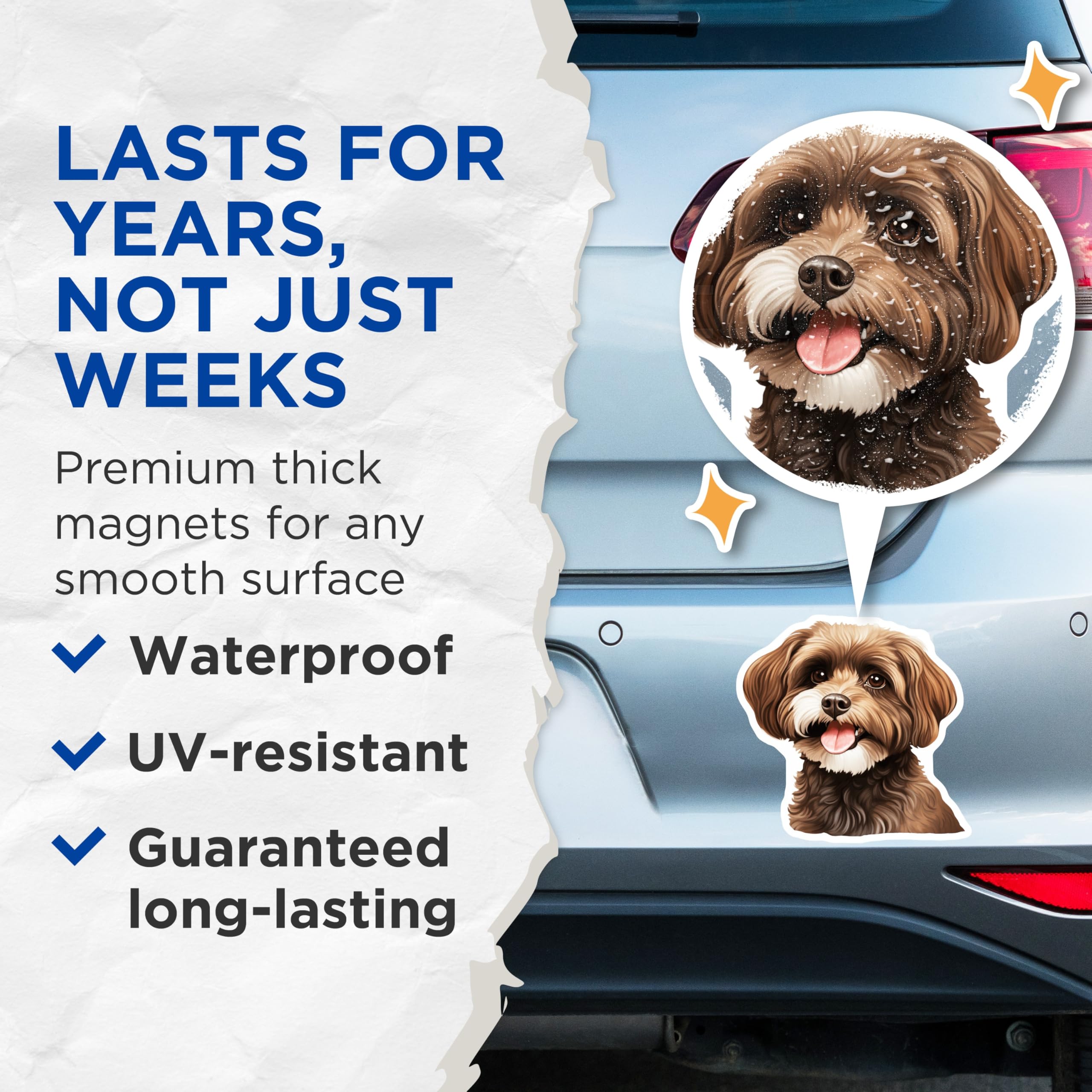 (2 Pack) Happy Puppy Magnets - Fluffy Brown Dog Art - Pet Parent Refrigerator Decor - 5 Inches On Longest Side - Thick Durable Magnet - Made in USA - MAG26174