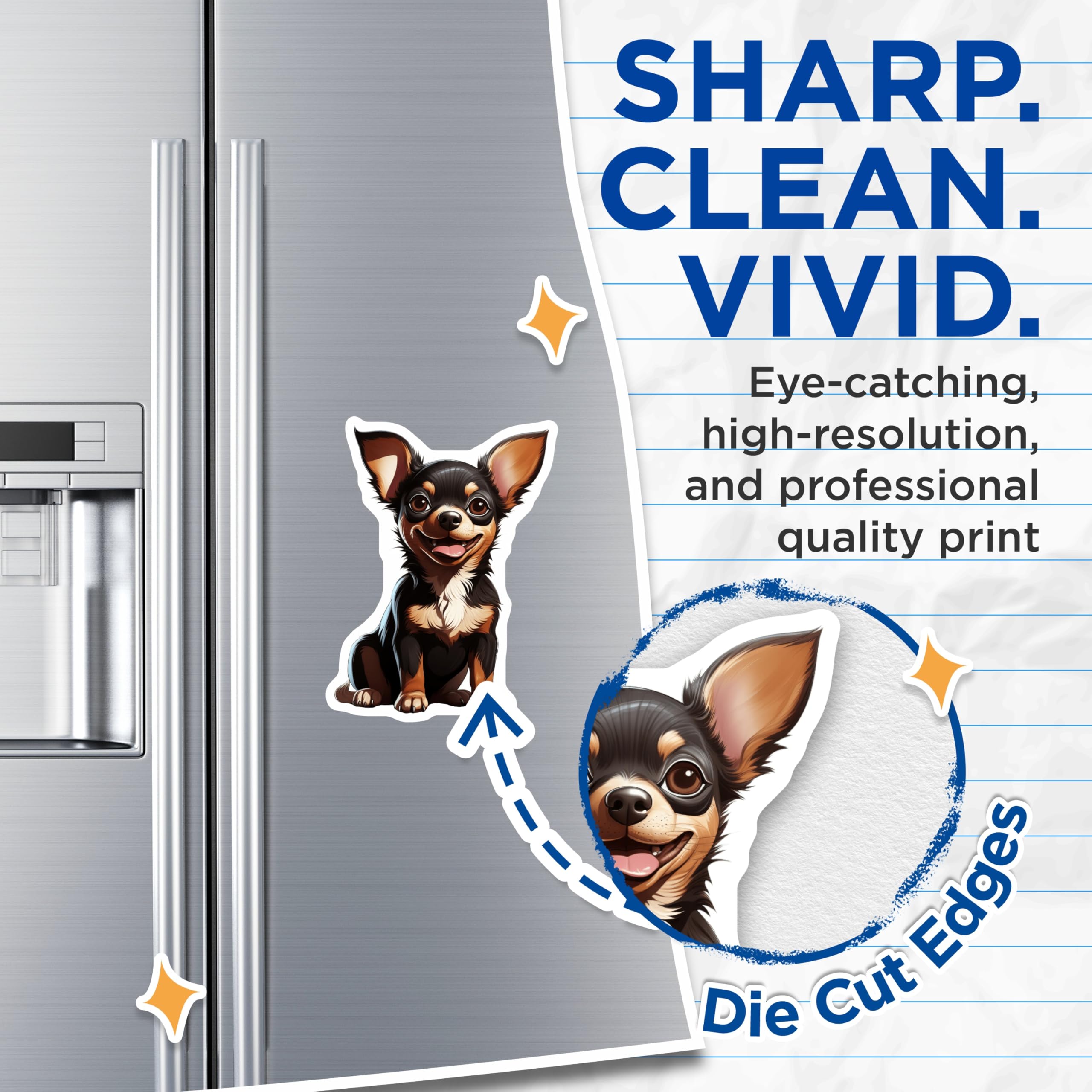 (2 Pack) Cute Chihuahua Puppy Magnets - Smiling Dog Cartoon - Pet Lover Refrigerator Decor - 5 Inches On Longest Side - Thick Durable Magnet - Made in USA - MAG29717
