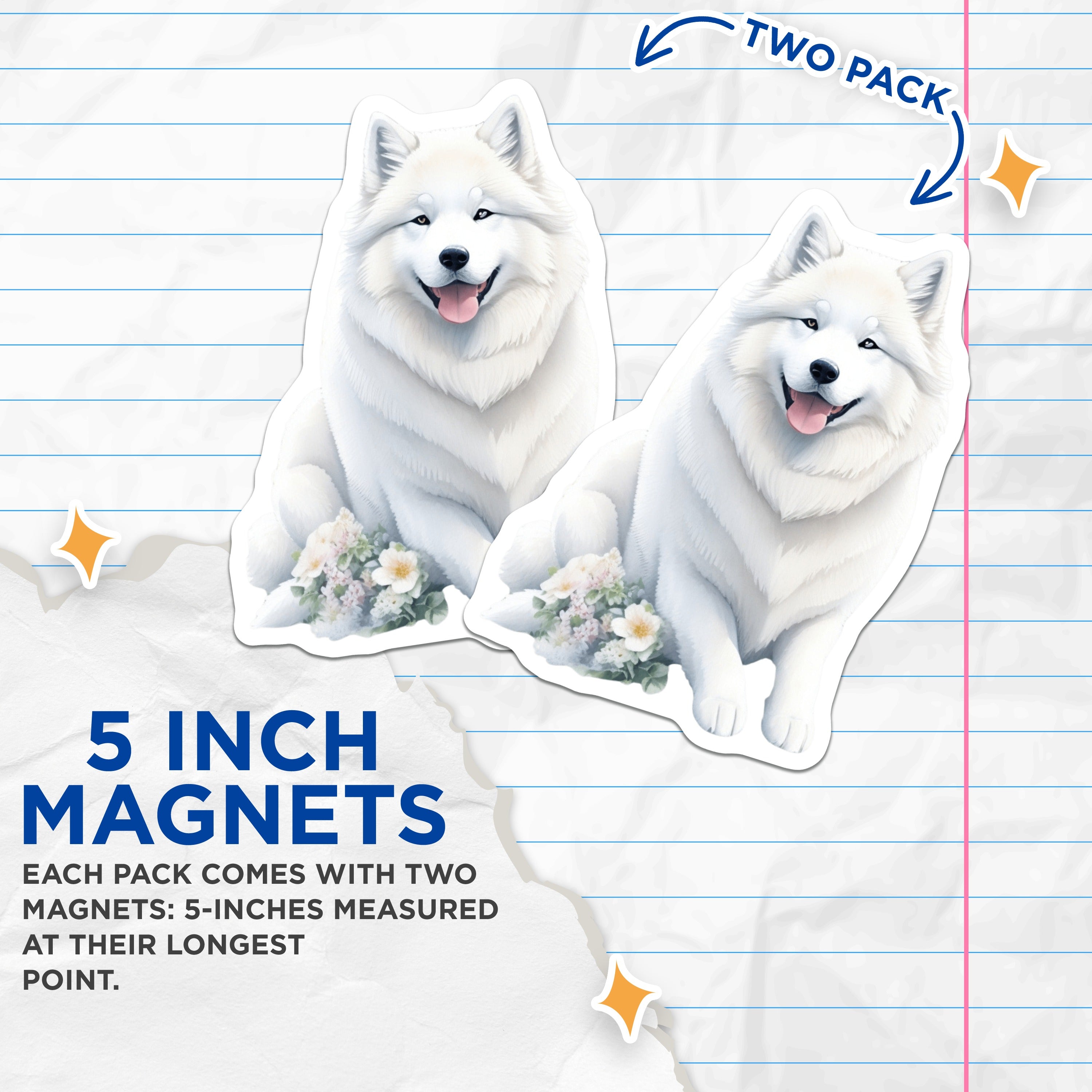 (2 Pack) Samoyed Dog Magnets - White Fluffy Dog Lover Decor - Refrigerator Locker Accents Pet Parent - 5 Inches On Longest Side - Thick Durable Magnet - Made in USA - MAG36182