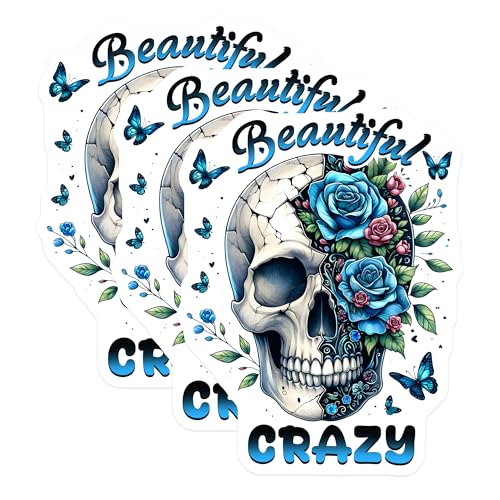 (3 Pack) Skull Decals - Floral Skull - Butterfly Decal - Beautiful Crazy - 3 Inches On Longest Side - Easy Peel & Apply - Made in USA - 3MCS6153