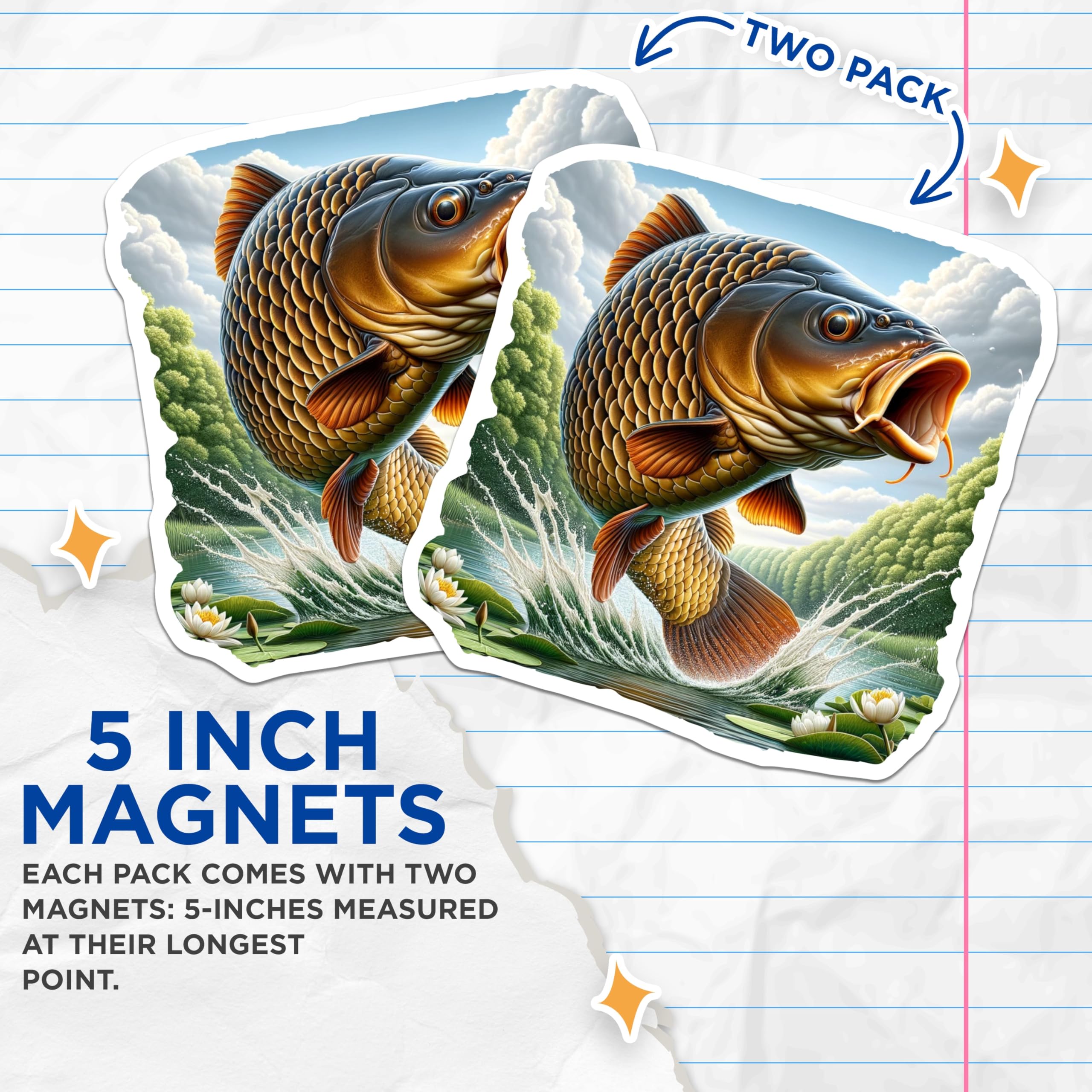 (2 Pack) Leaping Carp Magnets - Freshwater Fish Art - Fishing Enthusiast Decor - Refrigerator Display - 5 Inches On Longest Side - Thick Durable Magnet - Made in USA - MAG22137