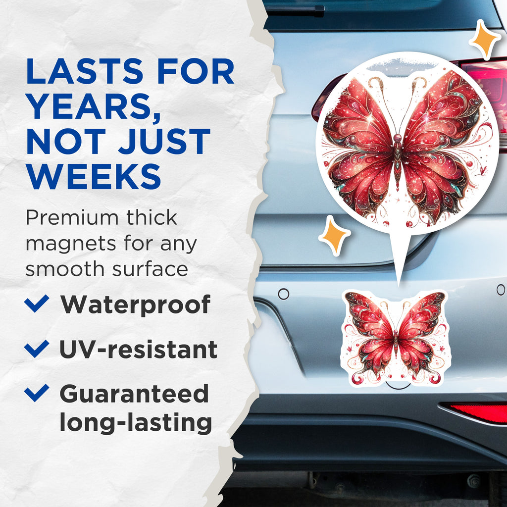 (2 Pack) Red Butterfly Magnets - Sparkling Celestial Decor - Whimsigoth Aesthetic Fridge Locker Art - 5 Inches On Longest Side - Thick Durable Magnet - Made in USA - MAG36105