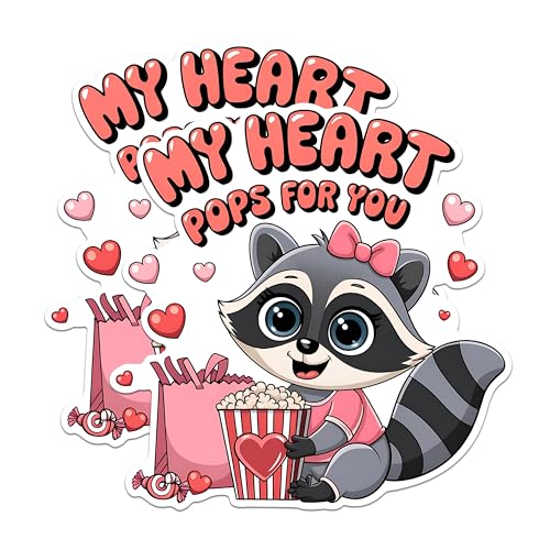 (2 Pack) My Heart Pops for You Stickers - Cute Cartoon Raccoon Stickers - Valentine's Day Stickers for Kids - 5" On Longest Side - Sticks to Any Smooth Flat Surface - Made in USA - BMCS3008