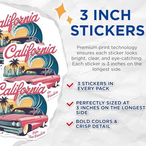 (3 Pack) California Decals - Classic Car Decals - Palm Tree Paradise - 3 Inches On Longest Side - Easy Peel & Apply - Made in USA - 3MCS8337