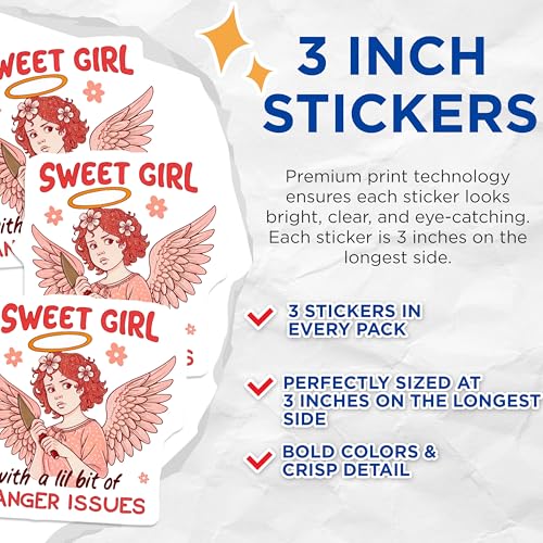 (3 Pack) Sweet Girl Anger Issues Decals - Angel Laptop Decal - Funny Sarcastic Decal - 3 Inches On Longest Side - Easy Peel & Apply - Made in USA - 3MCS4459