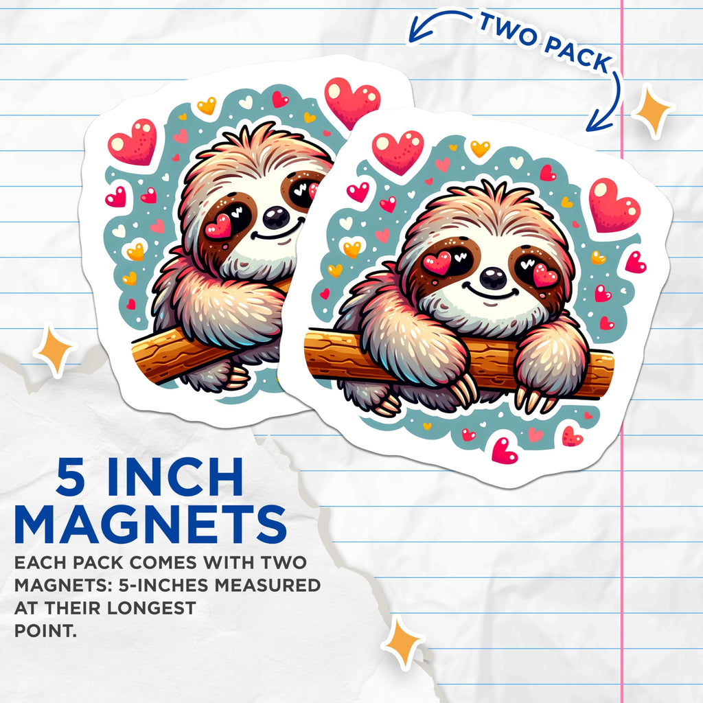 (2 Pack) Adorable Sloth Magnets - Sweet Heart Eyes Sloth Lover Decoration - Kawaii Animal Fridge Decor Accessory - 5 Inches On Longest Side - Thick Durable Magnet - Made in USA - MAG21553