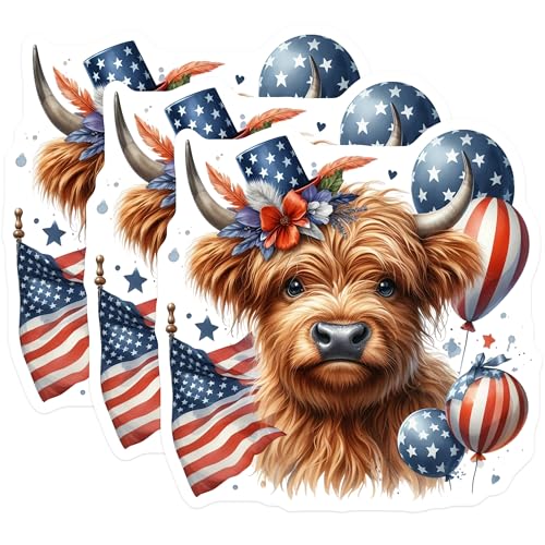 (3 Pack) Highland Cow Decals - Patriotic Bull - July 4th Decals- 3 Inches On Longest Side - Easy Peel & Apply - Made in USA - 3MCS5095