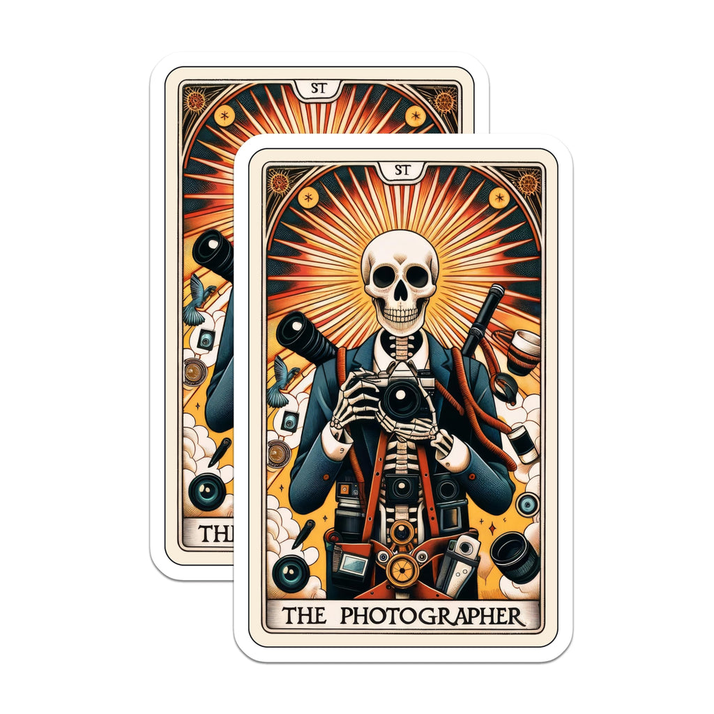 (2 Pack) Skeleton Photographer Magnets - Unique Tarot Card Style Photography Art - Creative Camera Lover Fridge Decor - 5 Inches On Longest Side - Thick Durable Magnet - Made in USA - MAG20500