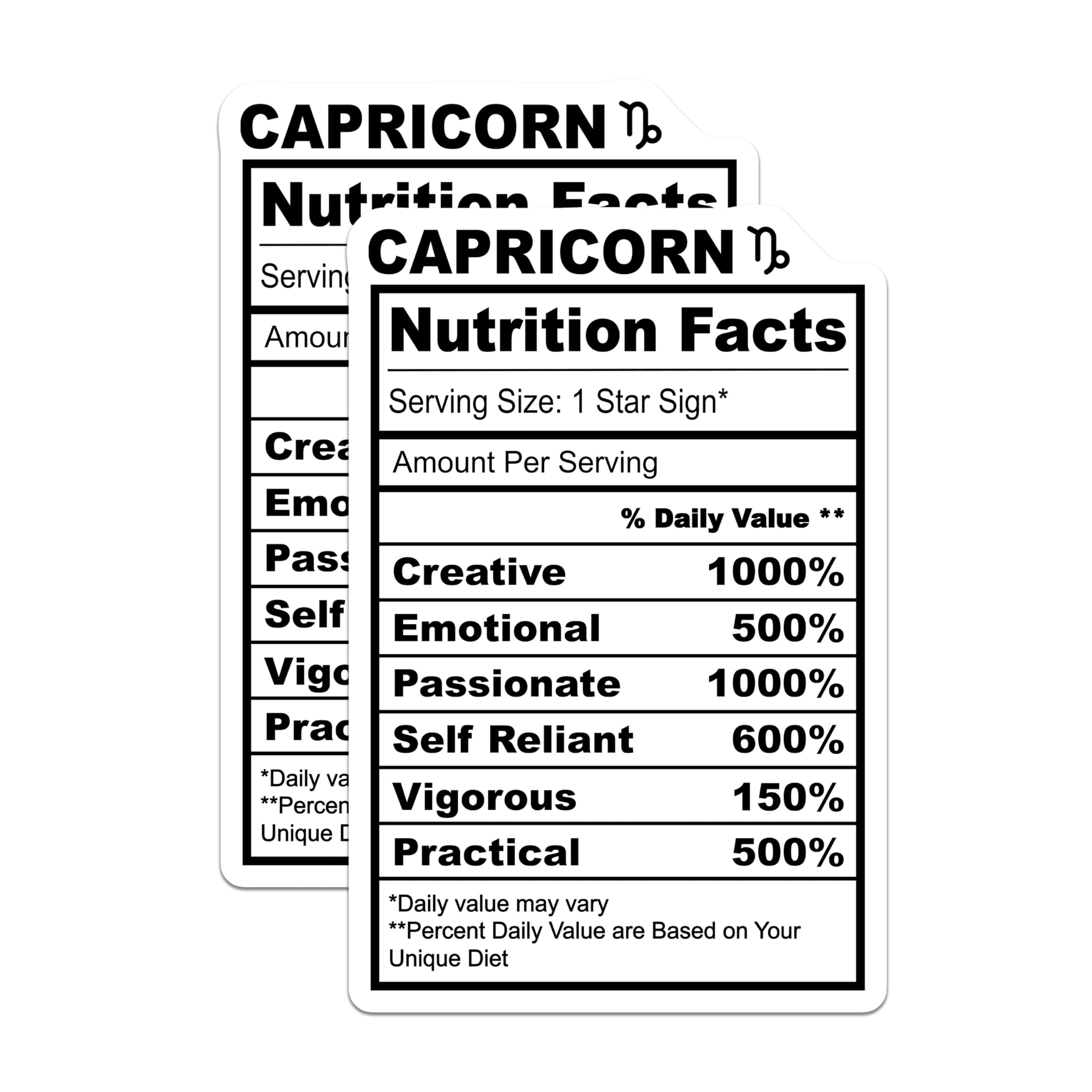 (2 Pack) Capricorn Stickers - Nutrition Facts Zodiac - Astrology Star Sign - Horoscope Stickers - 5" On Longest Side - Sticks to Smooth Flat Surfaces - Made in USA - BMCS14701