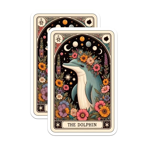 (2 Pack) Dolphin Tarot Stickers - Mystical Animal Stickers - Esoteric Floral Stickers - 5" On Longest Side - Sticks to Smooth Flat Surfaces - Made in USA - BMCS5390