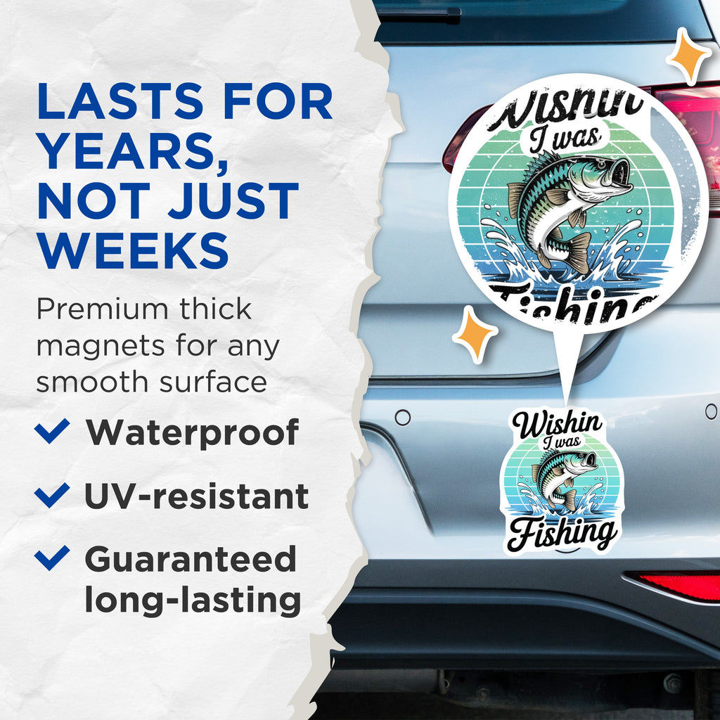 (2 Pack) Wishin I was Fishing Magnets - Funny Fisherman Saying - Bass Angler Cabin Decor - 5 Inches On Longest Side - Thick Durable Magnet - Made in USA - MAG39713