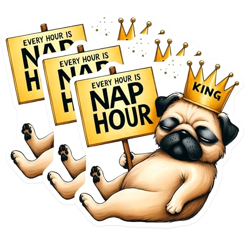 (3 Pack) King Pug Decals - Nap Hour Dog - Laptop Stickers - 3 Inches On Longest Side - Easy Peel & Apply - Made in USA - 3MCS8489