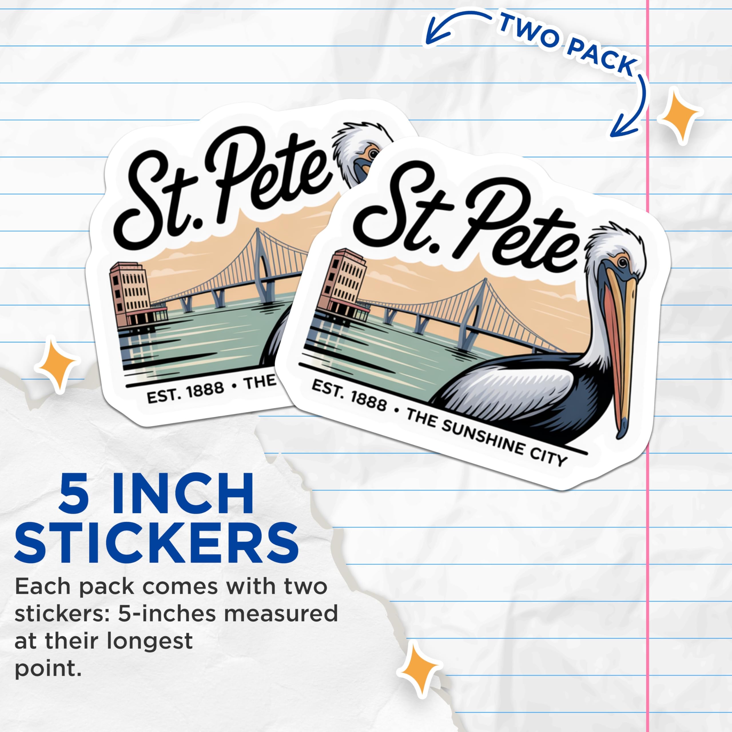 (2 Pack) St. Pete Stickers - Pelican Art - Sunshine City - Florida Travel Decal - 5" On Longest Side - Sticks to Smooth Flat Surfaces - Made in USA - BMCS17231