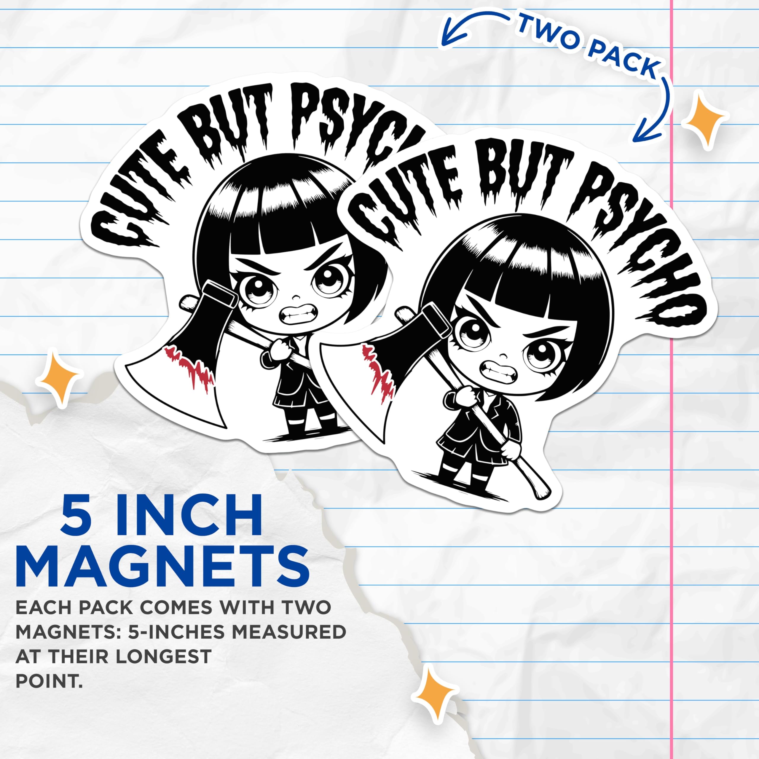 (2 Pack) Cute But Psycho Magnets - Edgy Chibi Girl with Axe - Dark Humor Refrigerator Decor - 5 Inches On Longest Side - Thick Durable Magnet - Made in USA - MAG19832